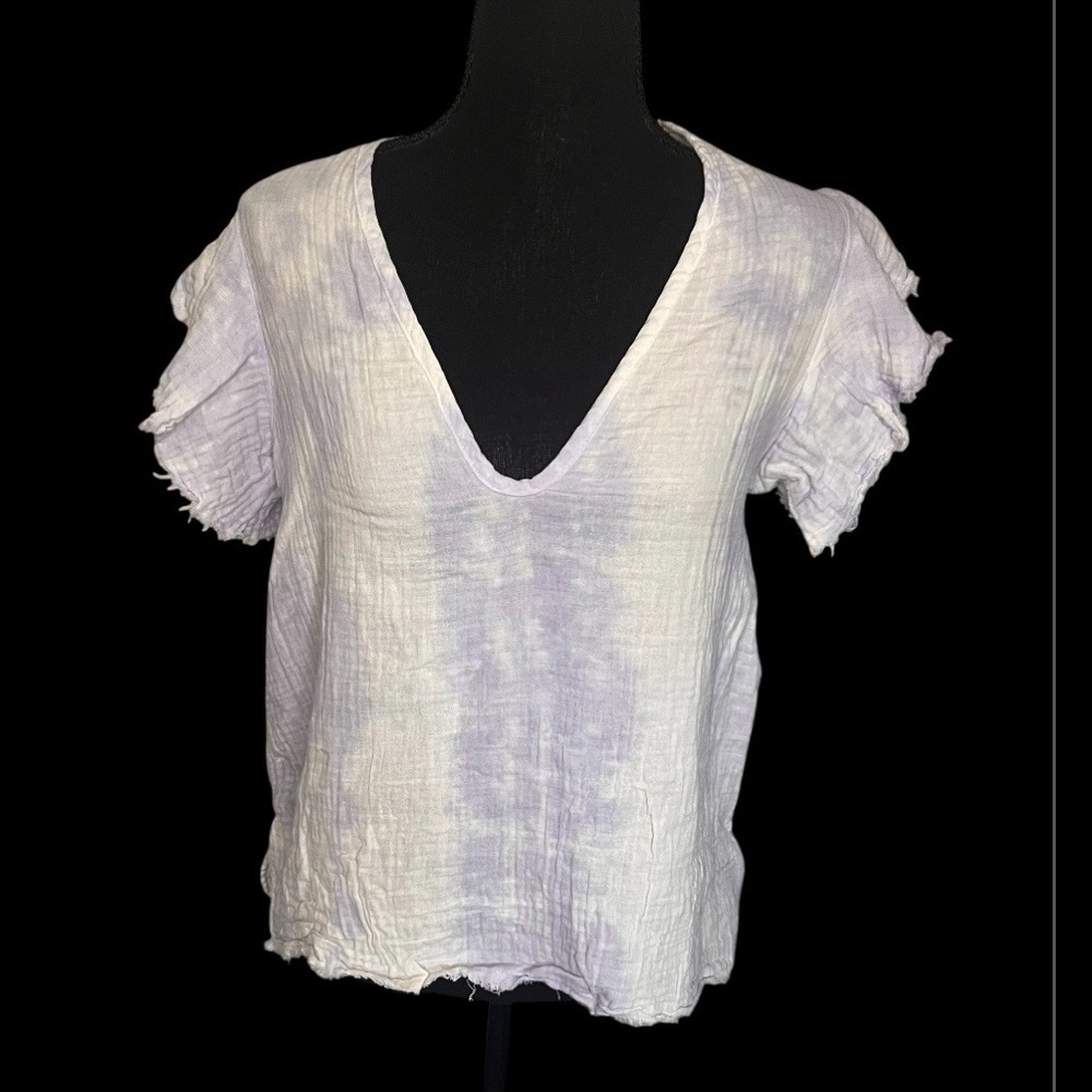 Stark X Anthropologie Women's XS Purple Tie Dye Flutter Sleeve Top with Raw Hems